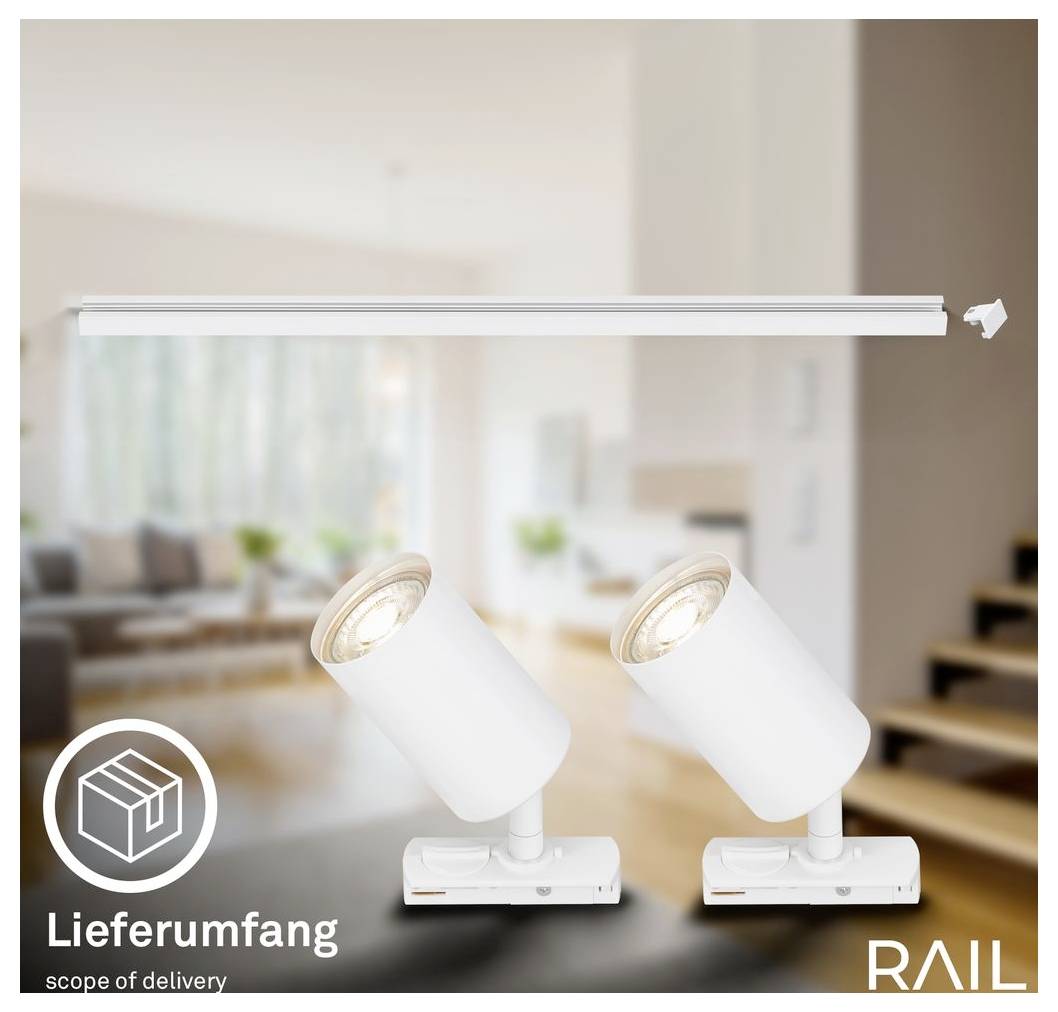 Dve biele nastaviteľné stropné svietidlá na koľajnicovom systéme, označené "Lieferumfang" a "RAIL", zobrazené pred rozmazaným pozadím obývacej izby.