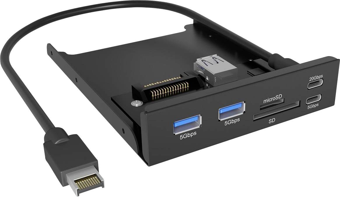 Dokovacia stanica USB-C s pripevneným kábliom, ktorá zobrazuje predné porty: dva USB-A 5Gbps, microSD, SD, HDMI 20Gbps a výstup USB-C 5Gbps.