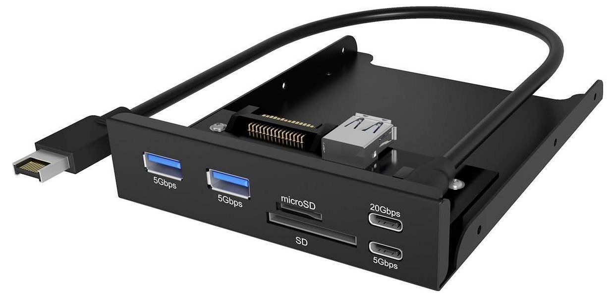 USB 3.0 predný panelový hub s kablom USB-A, dvoma modrými USB портmi, slotmi na karty SD a microSD a tromi portami USB-C na čiernej kovej konzole.