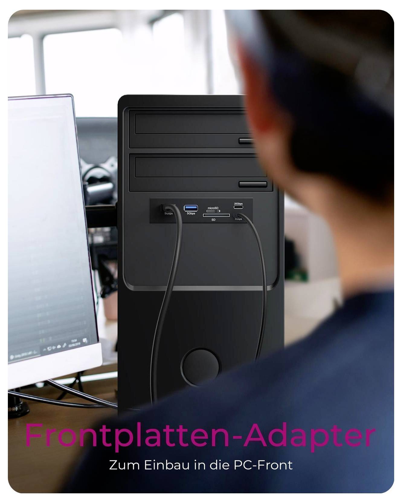 Plagát zobrazujúci adaptér predného panela počítača nainštalovaný na prednej strane počítačovej veže, s nemeckým textom "Frontplatten-Adapter" a "Zum Einbau in die PC-Front".