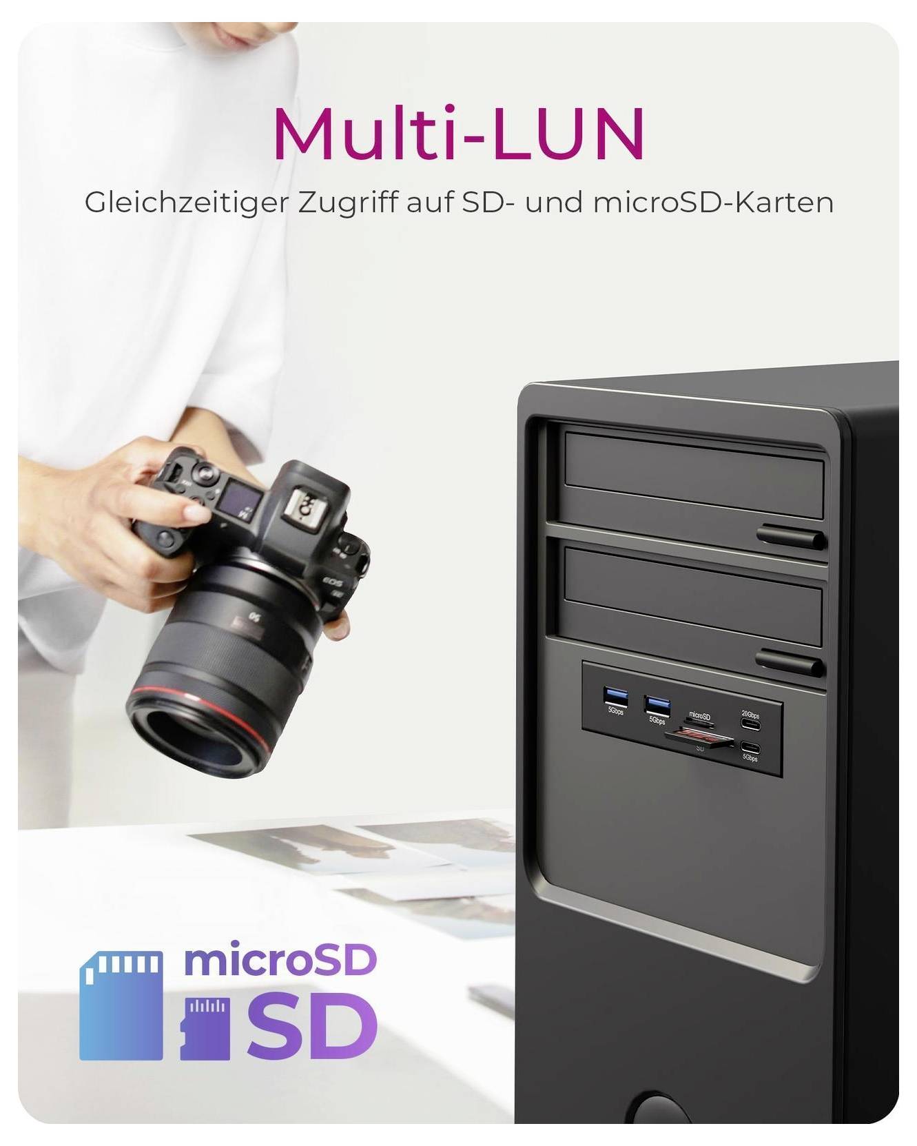 Reklamný obrázok pre „Multi-LUN" zobrazujúci kameru a puzdro počítača s textom „Súčasný prístup na SD a microSD karty" a logá SD/microSD.