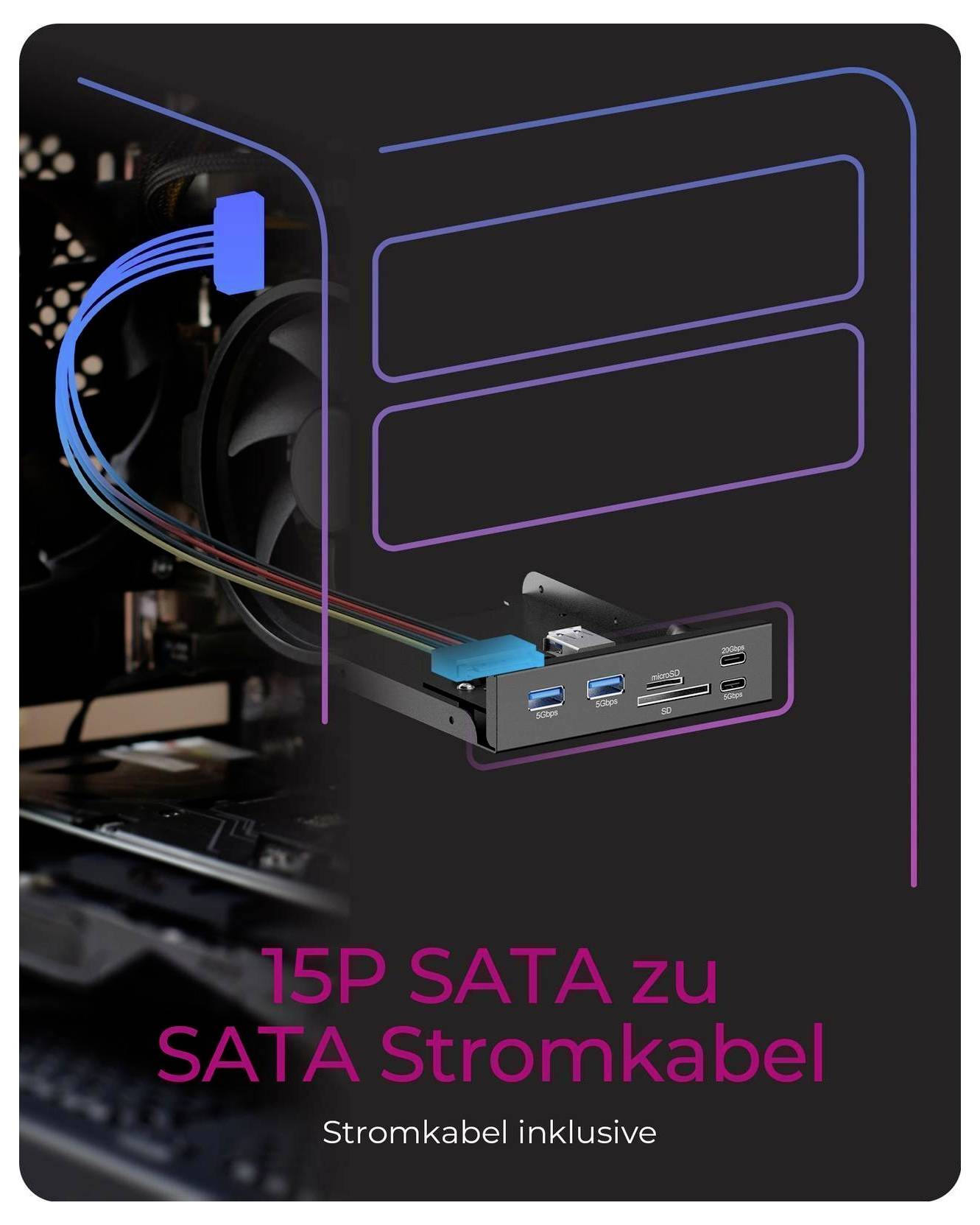 Ilustrácia PC napájacieho kábla s modrými konektormi a predným panelom hubu, označená ako „15P SATA na SATA napájací kábel" a „Napájací kábel zahrnutý".