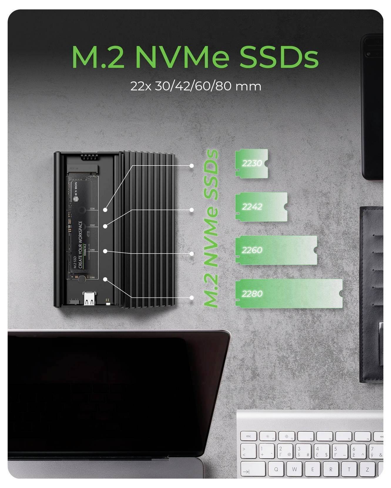 Grafika zobrazujúca M.2 NVMe SSD disky v veľkostiach 2230, 2242, 2260 a 2280, označené ako "M.2 NVMe SSD" a "22x 30/42/60/80 mm".