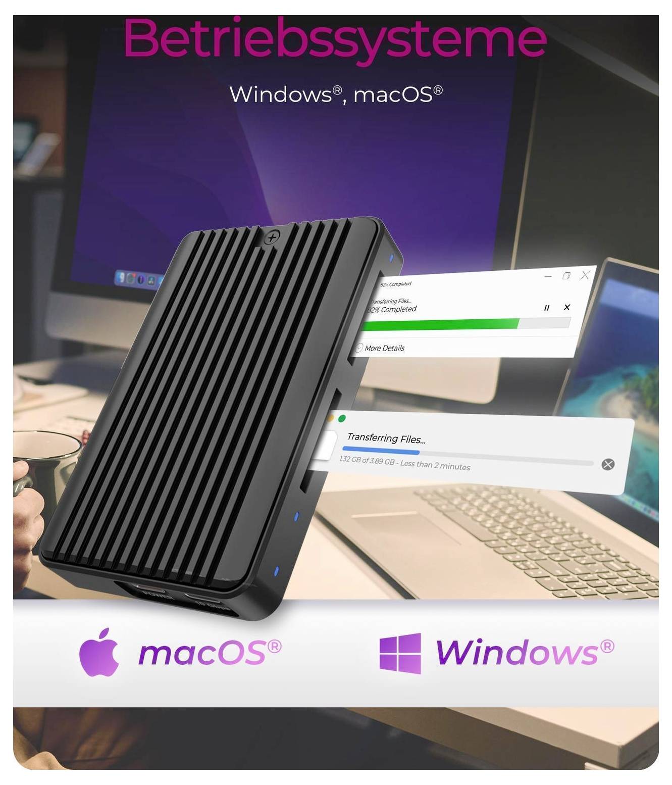 Prenosný externý disk pre Windows a macOS, zobrazený na obrazovke notebooku s indikátormi priebehu prenosu súborov a textom "Operačné systémy".