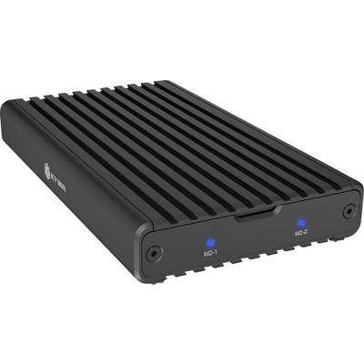 Kompaktná čierna externá SSD skriňa s rebrovaným vrchom, modré stavové indikátory M.2-1 a M.2-2, zobrazená v uhlovom pohľade produktu.