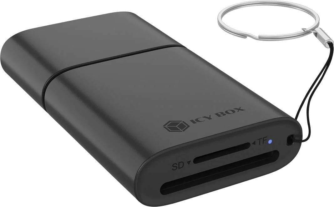 Čierna externá čítačka kariet "ICY BOX" s slotmi pre SD a TF karty, zobrazená s pripevnenou slučkou na lanko.