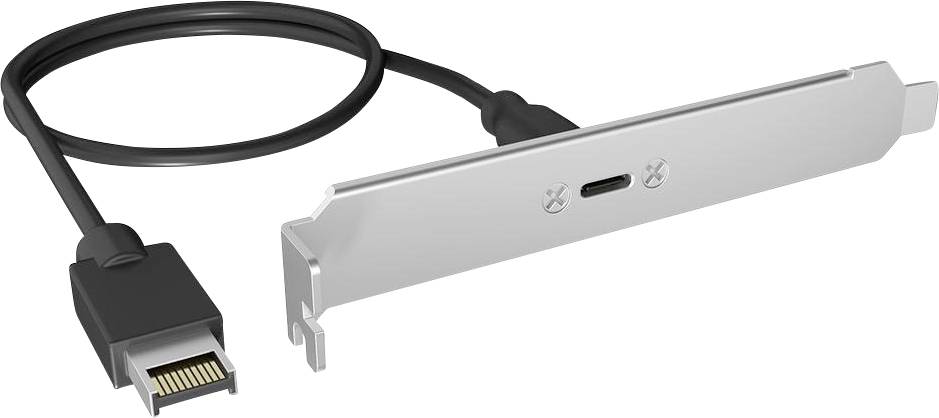 USB-C rozširujúci bracket kábel s DisplayPort štýlovým zástrčkou a kovový kryt PCIe slotu s portom USB-C.