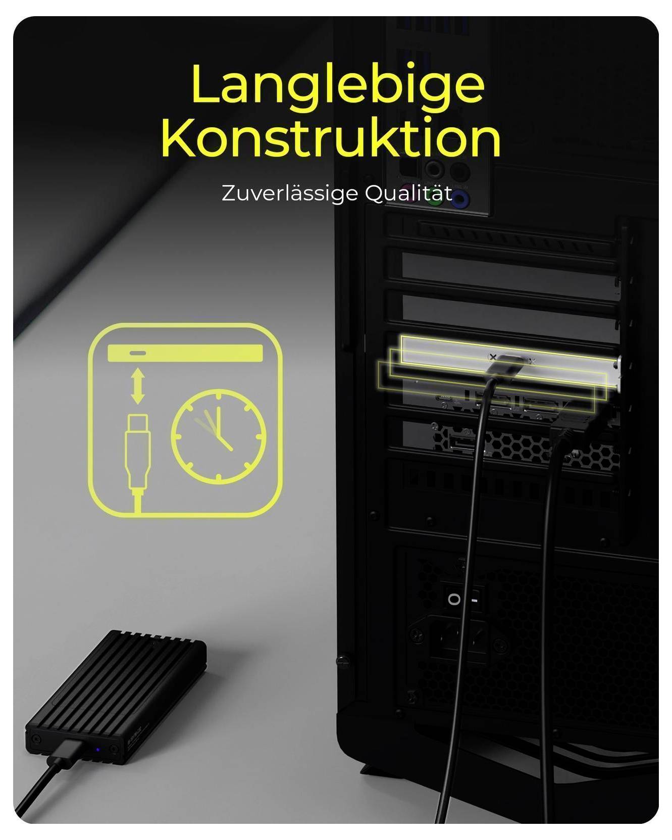 Propagačný obrázok skrinky stolného počítača a pripojeného externého zariadenia, s nemeckým textom „Langlebige Konstruktion" a „Zuverlässige Qualität" zdôrazňujúcim odolnú konštrukciu a spoľahlivú kvalitu.