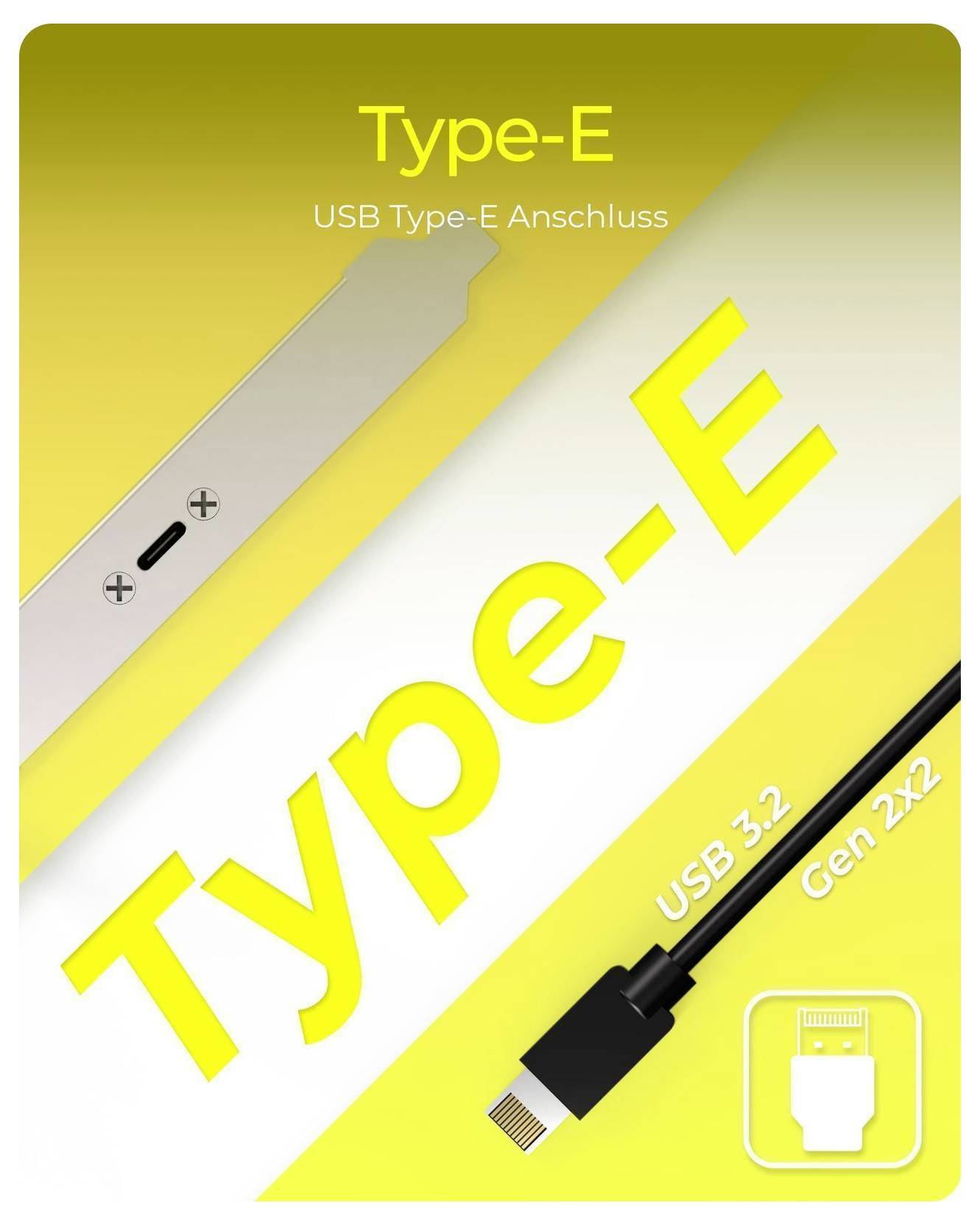 Ilustrácia USB Type-E konektor označený ako "Type-E" a "USB Type-E Anschluss", s malým diagramom konektor a kábel označený "USB 3.2 Gen 2x2".