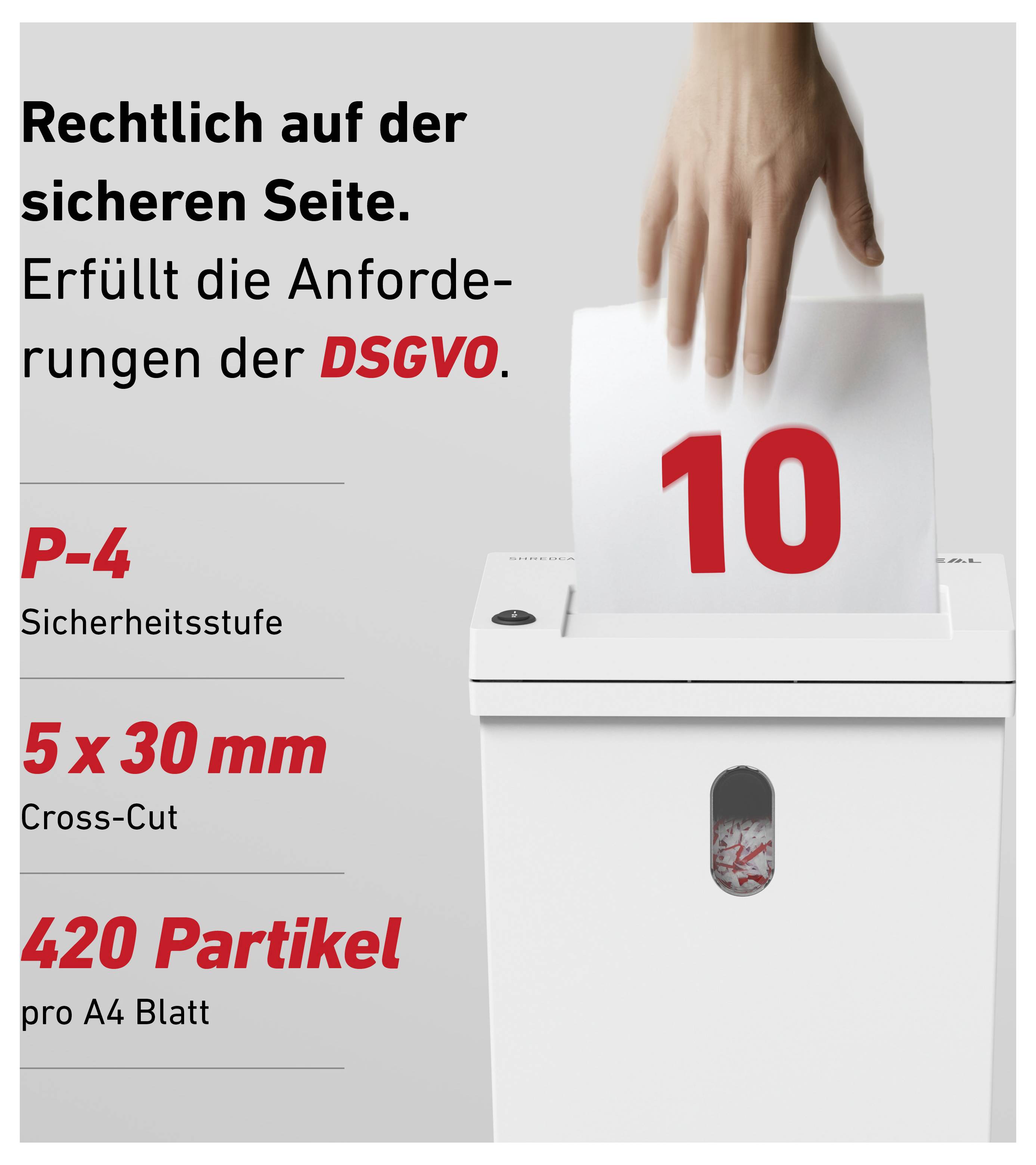 Reklama na skartátor: Ruka ničí list s číslom „10"; text zdôrazňuje zhodu s GDPR, bezpečnostnú úroveň P-4, 5 x 30 mm krížový strih, 420 частиц na list A4.