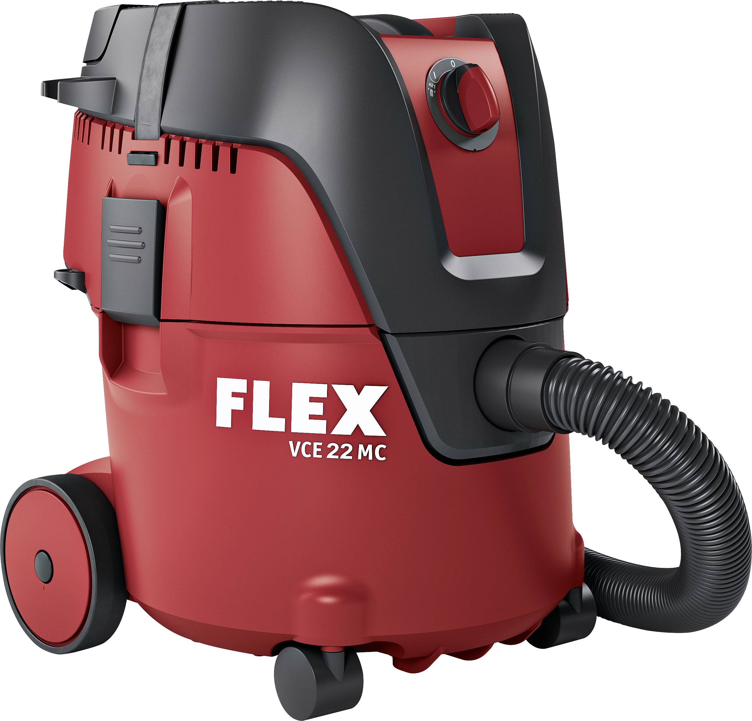 Červený FLEX VCE 22 MC mokro-suchý vysávač s čiernym vrchom, hadicou, kolesami a predným logom na bielom pozadí.