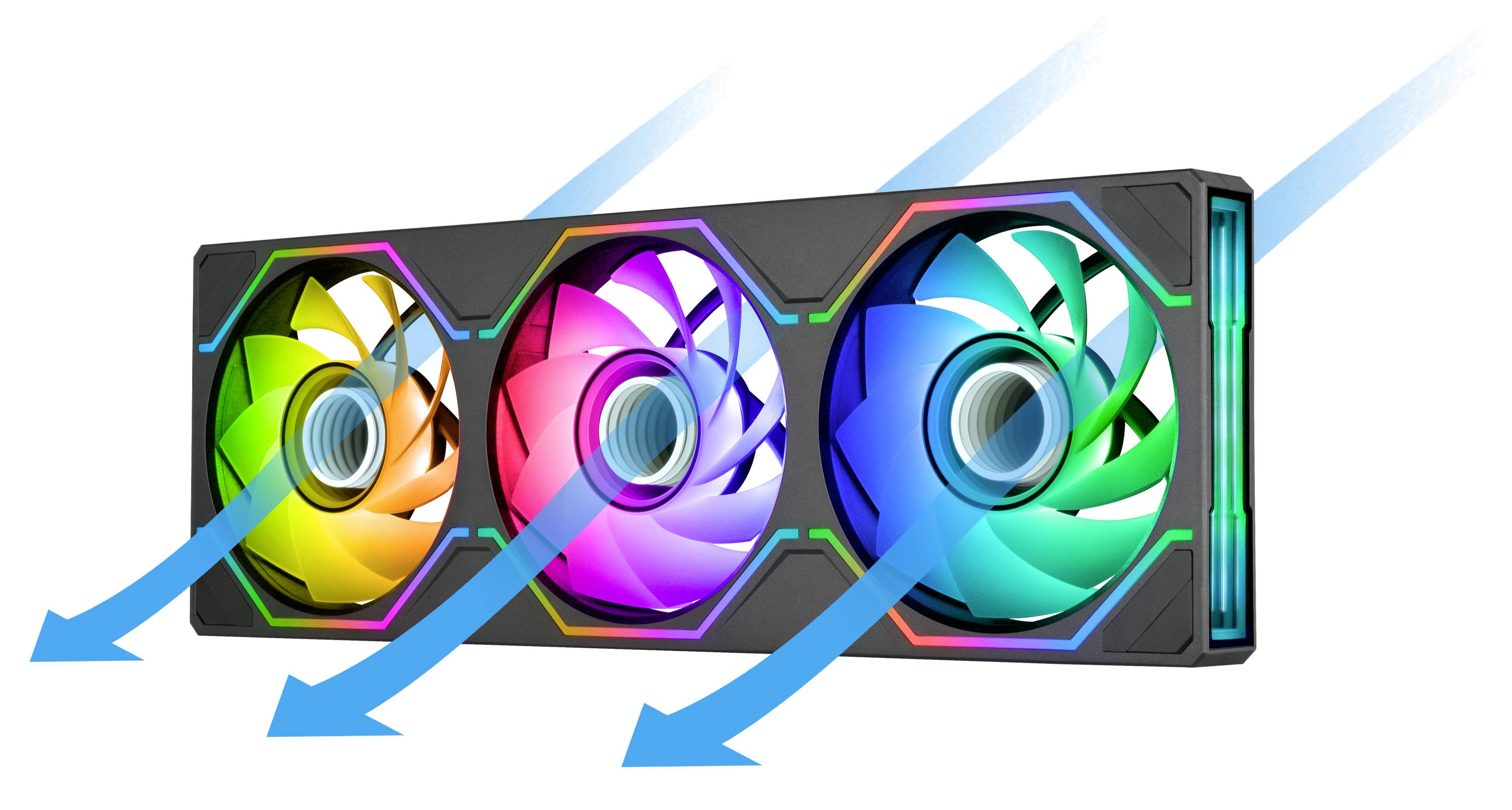 Grafická karta s RGB osvetlením a tromi ventilátorom s tromi chladiacimi ventilátormi a modrými šípkami toku vzduchu ukazujúcimi teplo vytláčané doľava.
