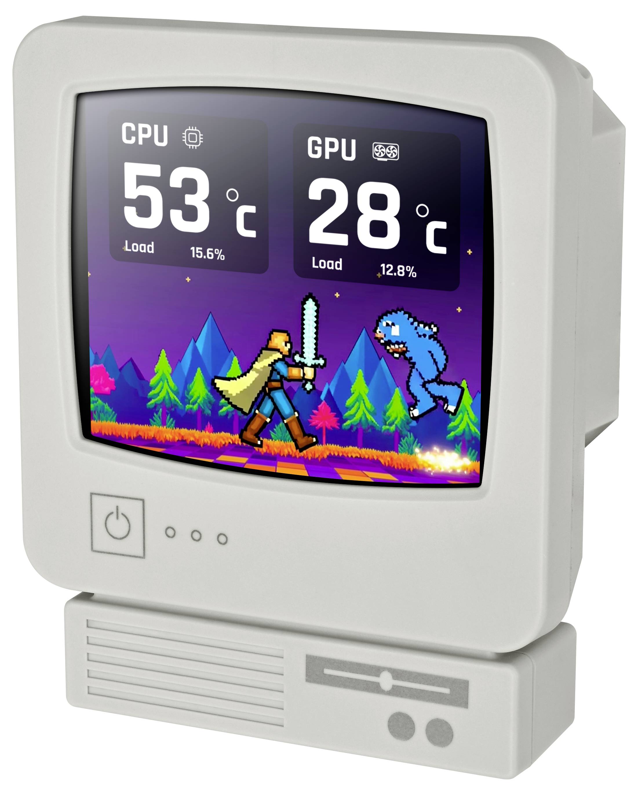 Retro počítačový monitor zobrazujúci herný tematický displej teploty CPU a GPU: CPU 53°C a GPU 28°C s percentami zaťaženia, nad pixelovú bitovu scénou.