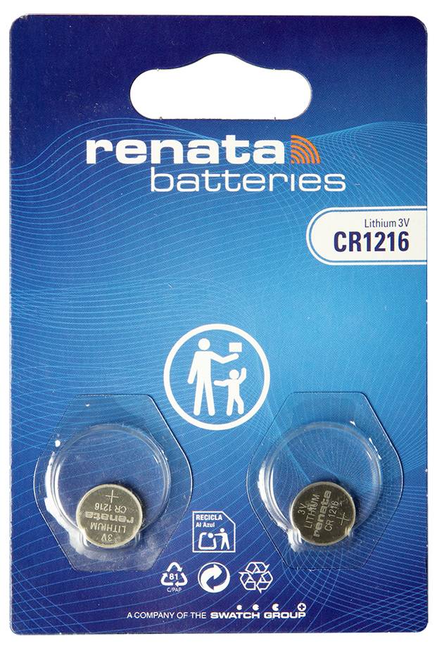 Renata Batteries blister balík s dvoma lítiovými 3V CR1216 gombíkovými batériami na modrom balení.