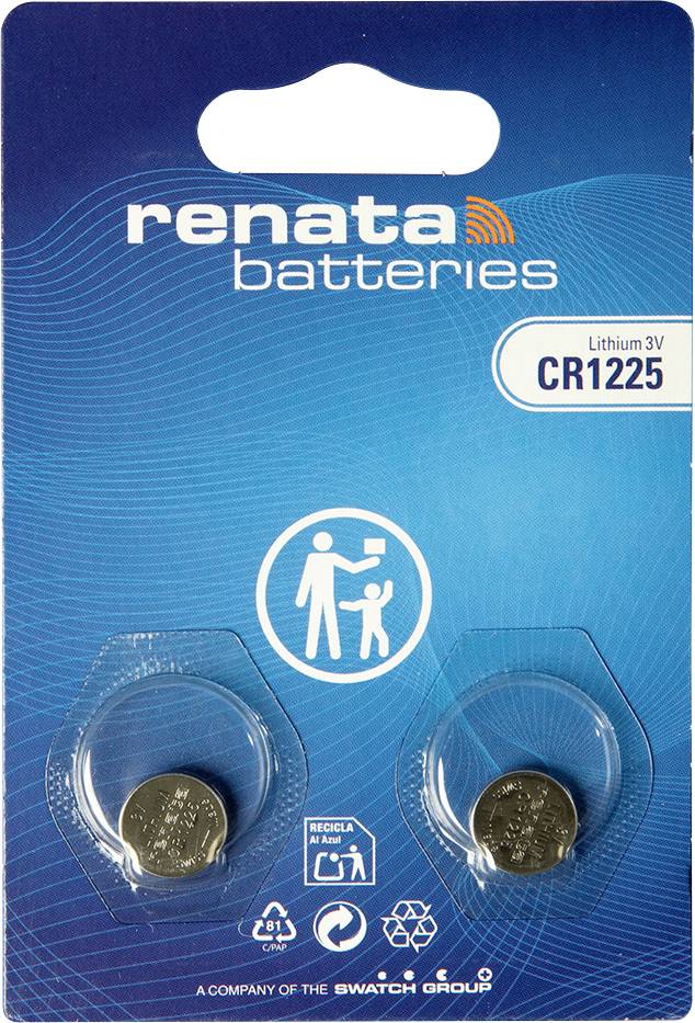 Balenie dvoch lítiových batérií Renata 3V CR1225 v modrom blister balení s logom Renata Batteries.