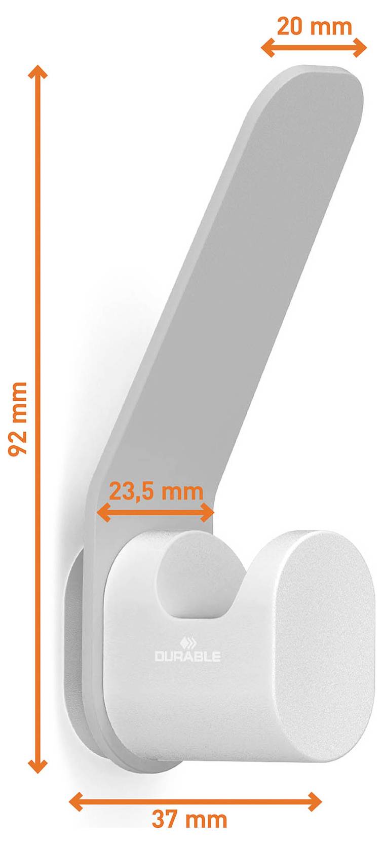 Sivý nástenný háčik s dvoma zaoblenými ramami; rozmery označené 92 mm výšky, 37 mm šírky, 20 mm hĺbky a 23,5 mm v základni.