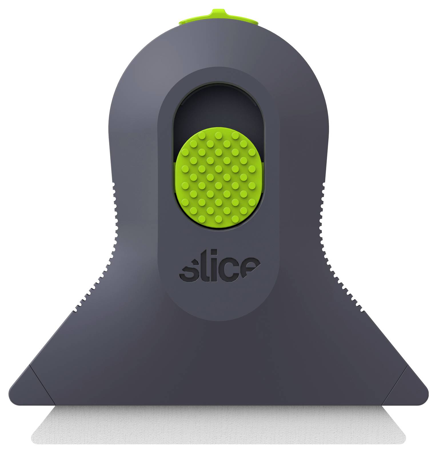Sivá a svetlá zelená prenosná škrabka s textúrovaným zeleným tlačidlom a logom "slice" na prednej strane.