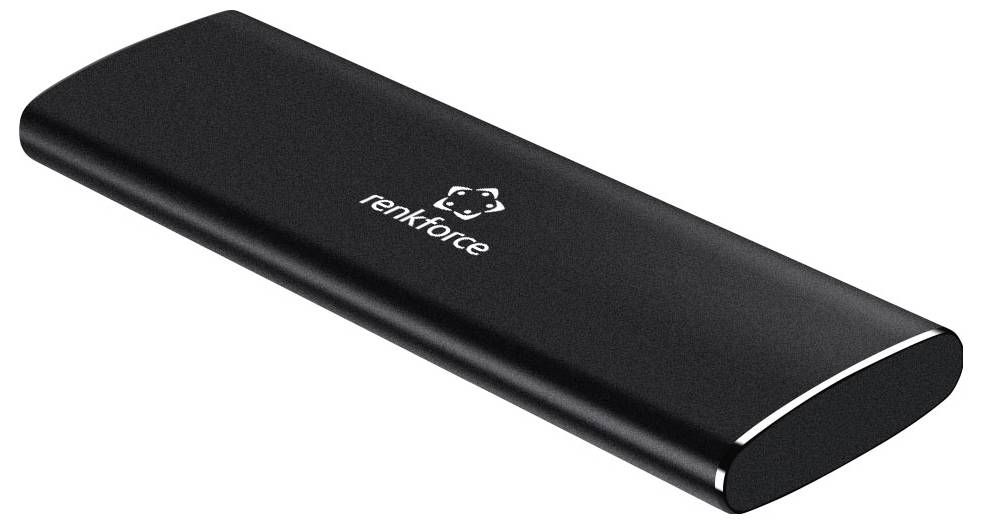 Čierny prenosný prístroj Renkforce alebo powerbank zobrazený v elegantnom obdĺžnikovom puzdre s logom na vrchu, izolovaný na bielom pozadí.