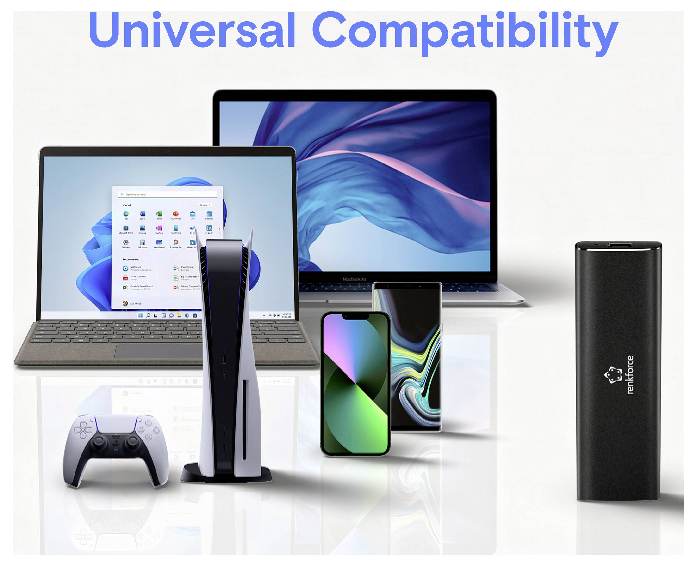 Grafika na propagáciu s názvom „Univerzálna kompatibilita" zobrazujúca prenosný počítač Windows a stolný počítač, PlayStation 5, dva smartfóny, ovládač hry a prenosný power bank na bielom pozadí.