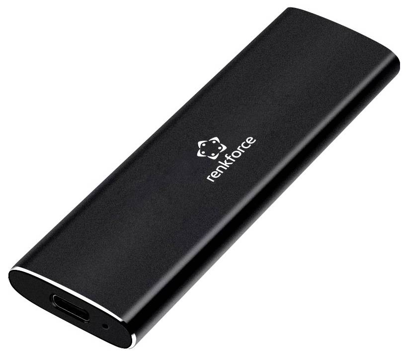 Čierne puzdro externého USB-C disku Renkforce s malým portom na jednom konci, zobrazené na bielom pozadí.
