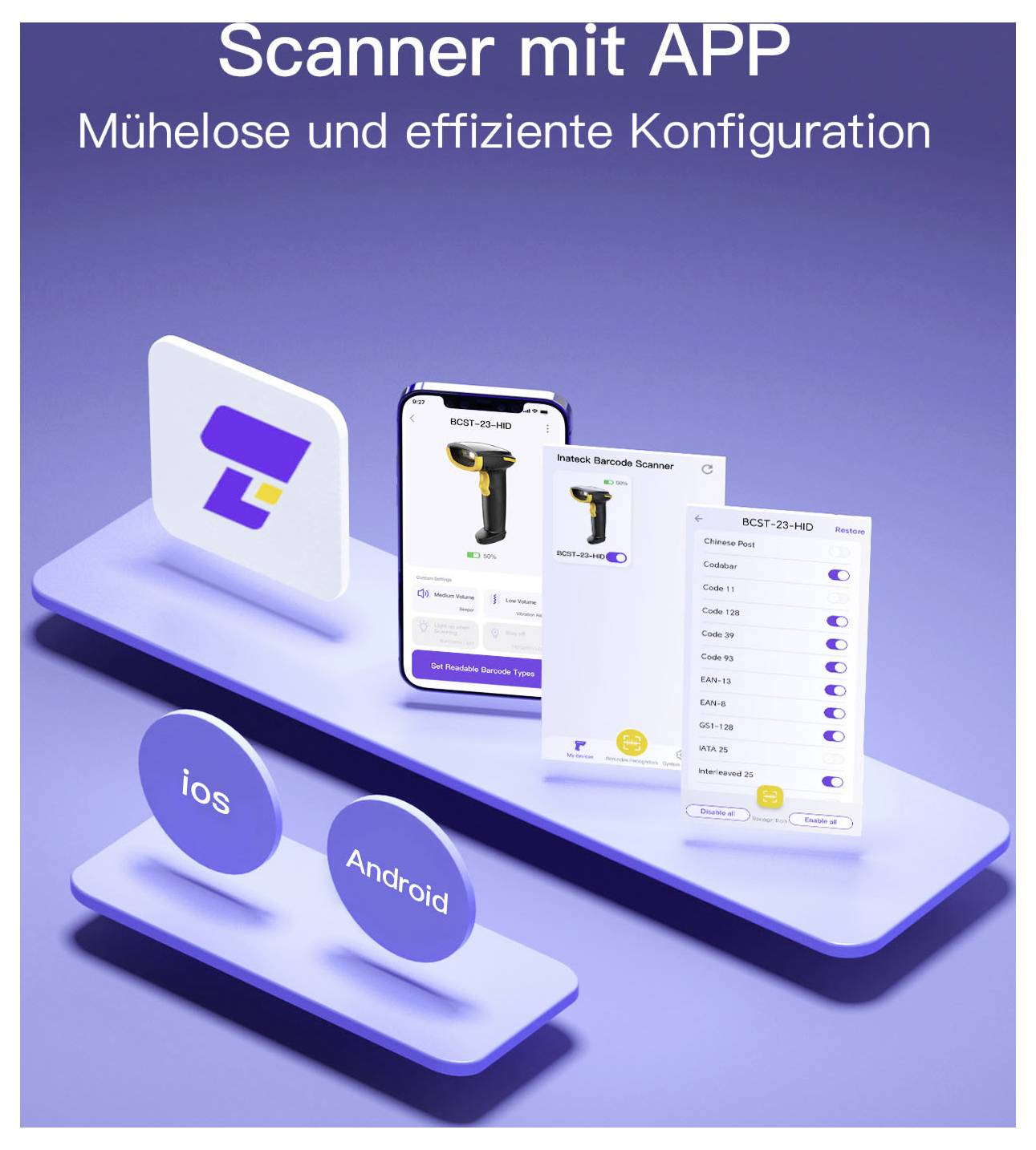 Propagačná grafika aplikácie skenerja s obrazovkami smartfónu a ikonami iOS/Android; text znie „Skener s APLIKÁCIOU" a „Bezproblémová a efektívna konfigurácia".