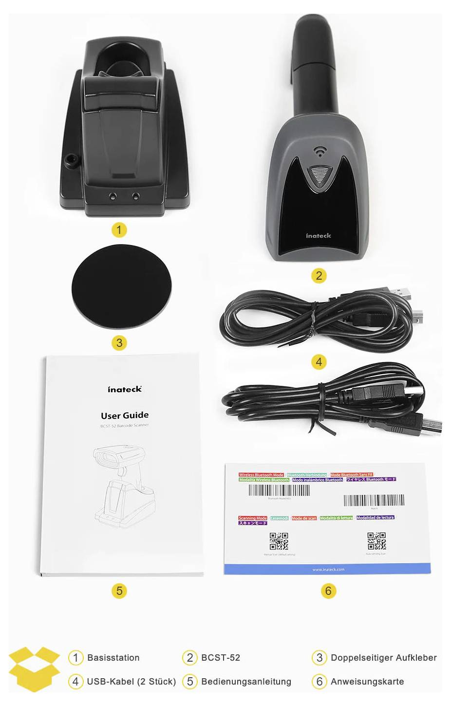 Obsah produktu: nabíjacia stanica, handheld skener BCST-52, dve čierne nálepky, dva USB káble, používateľská príručka a inštrukčná karta.