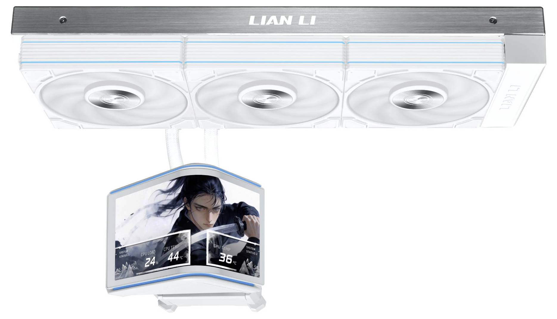 Chladič CPU Lian Li s trojitým ventilátором na kvapalinu s predným LCD displejom zobrazujúcim postavičku v anime štýle a digitálnymi údajmi.