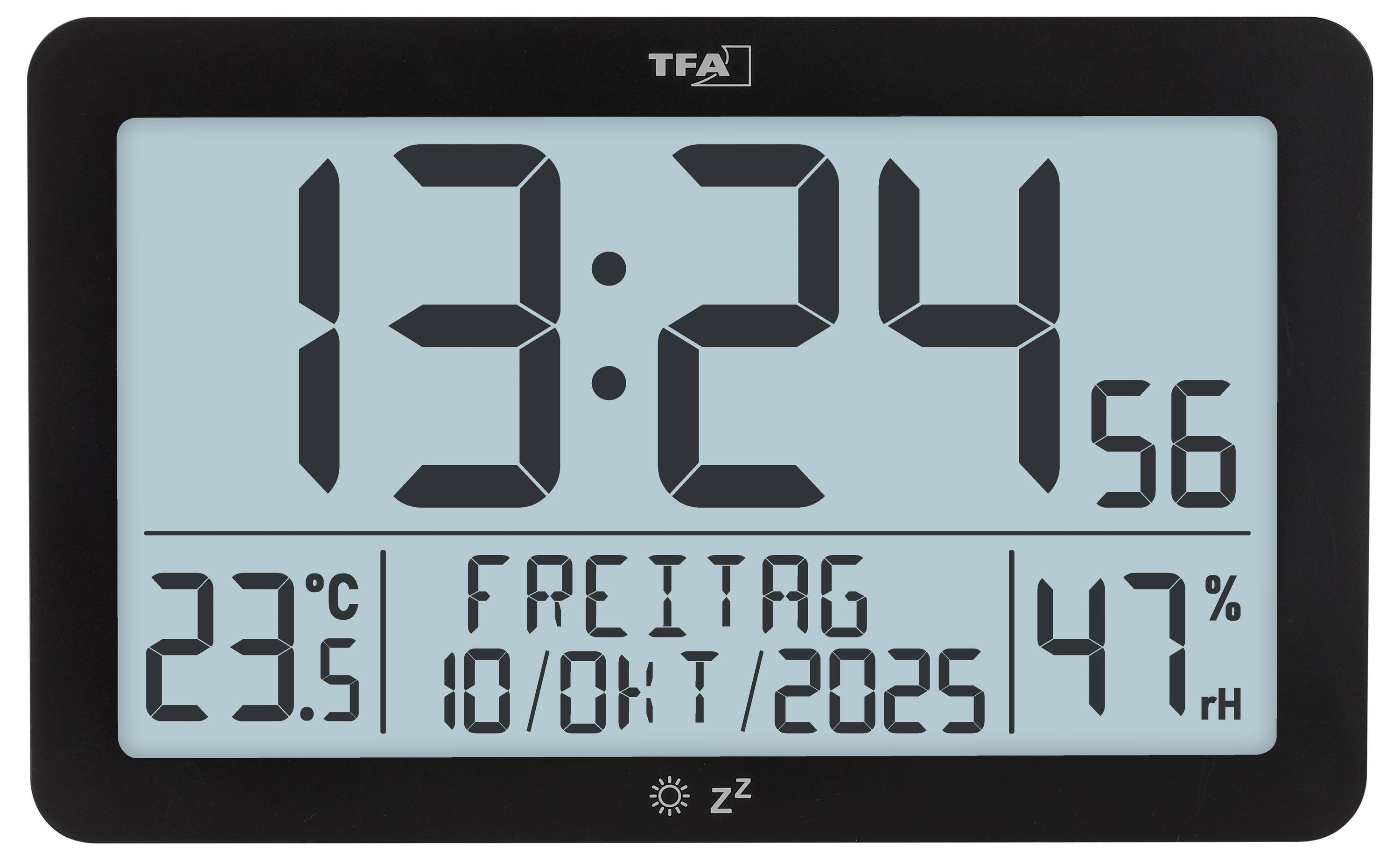 Digitálny displej meteorologickej stanice TFA ukazujúci 13:24 a 23,5°C, s dňom/dátumom "Freitag 10/Oct/2025" a vlhkosťou 47% RH