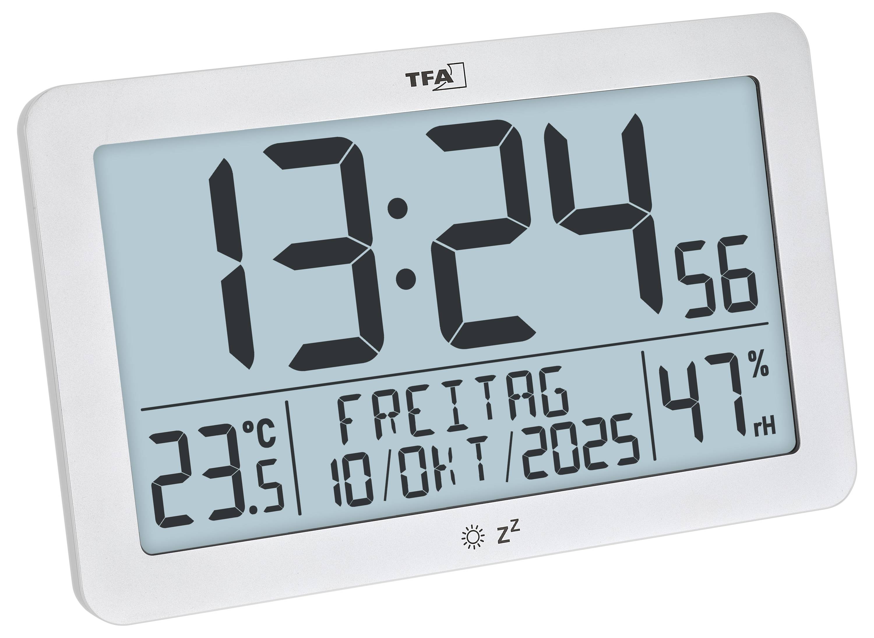 Digitálne TFA hodiny s počasím zobrazujúce 13:24:56, 23,5°C, piatok 10/01/2025 a vlhkosť 47%.