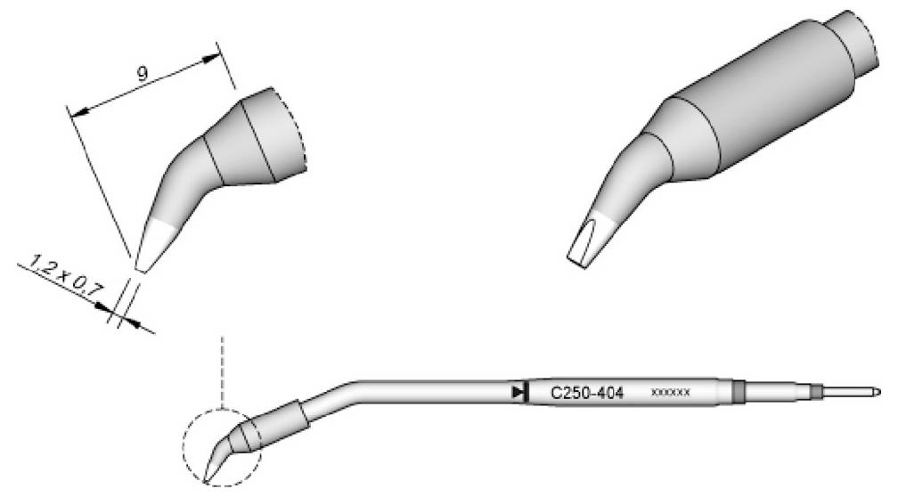 Diagram zohnutej ihly striekačky s vyznačeným uhlom ohnutia 9 mm a veľkosťou hrotu 1,2 x 0,7, plus úplný držiak striekačky podobný peru označený C250-404.