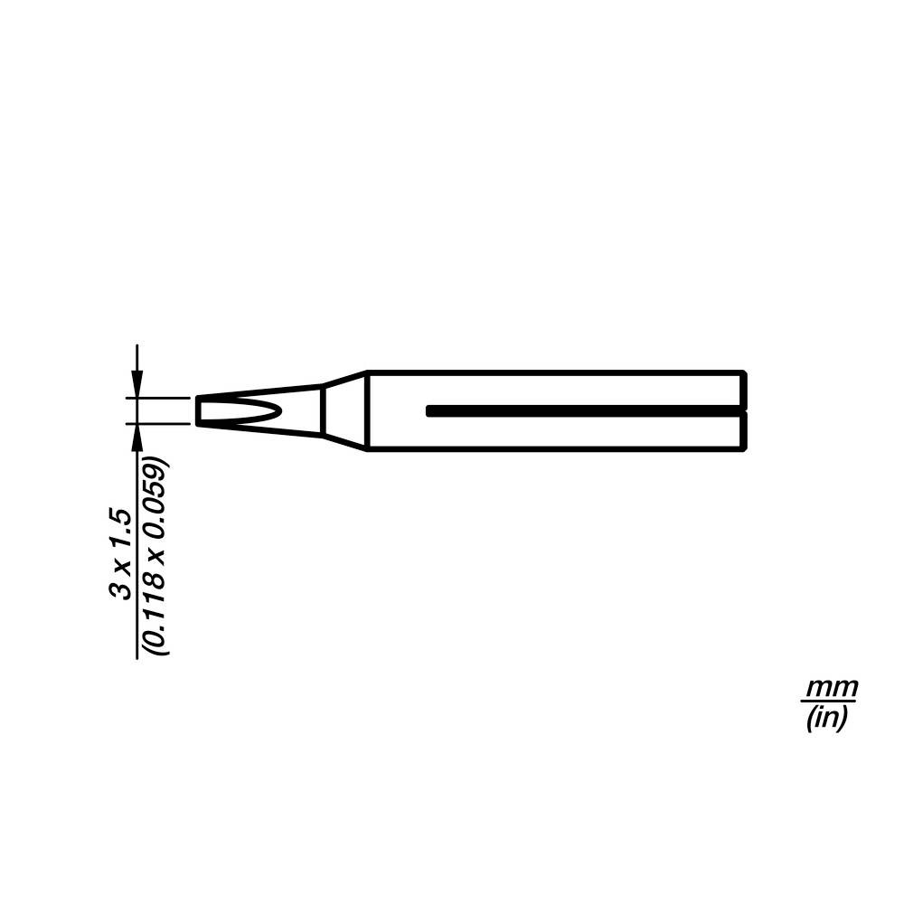 Diagram zužujúceho sa drážkového skrutkovača s rozmermi čepele 3 x 1,5 mm označenými v palcoch ako 0,118 x 0,059.