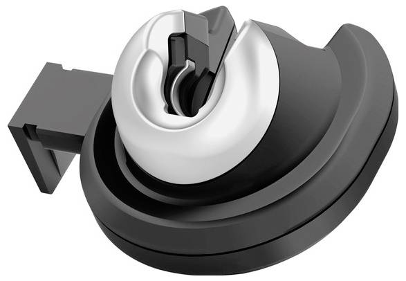 3D rendovanie čierneho a strieborného kruhového mechanického konektora alebo gombíka so bočným držiakom na bielom pozadí.