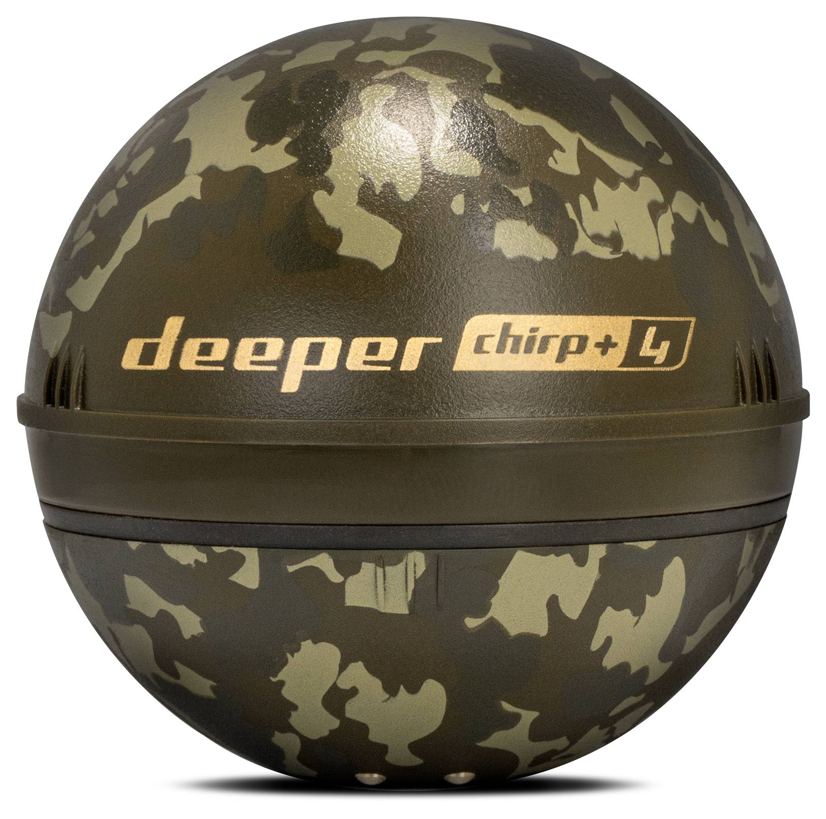 Maskovaná guľovitá sondáž s ekvalizérom s názvom "Deeper Chirp+ 4" na bielom pozadí.