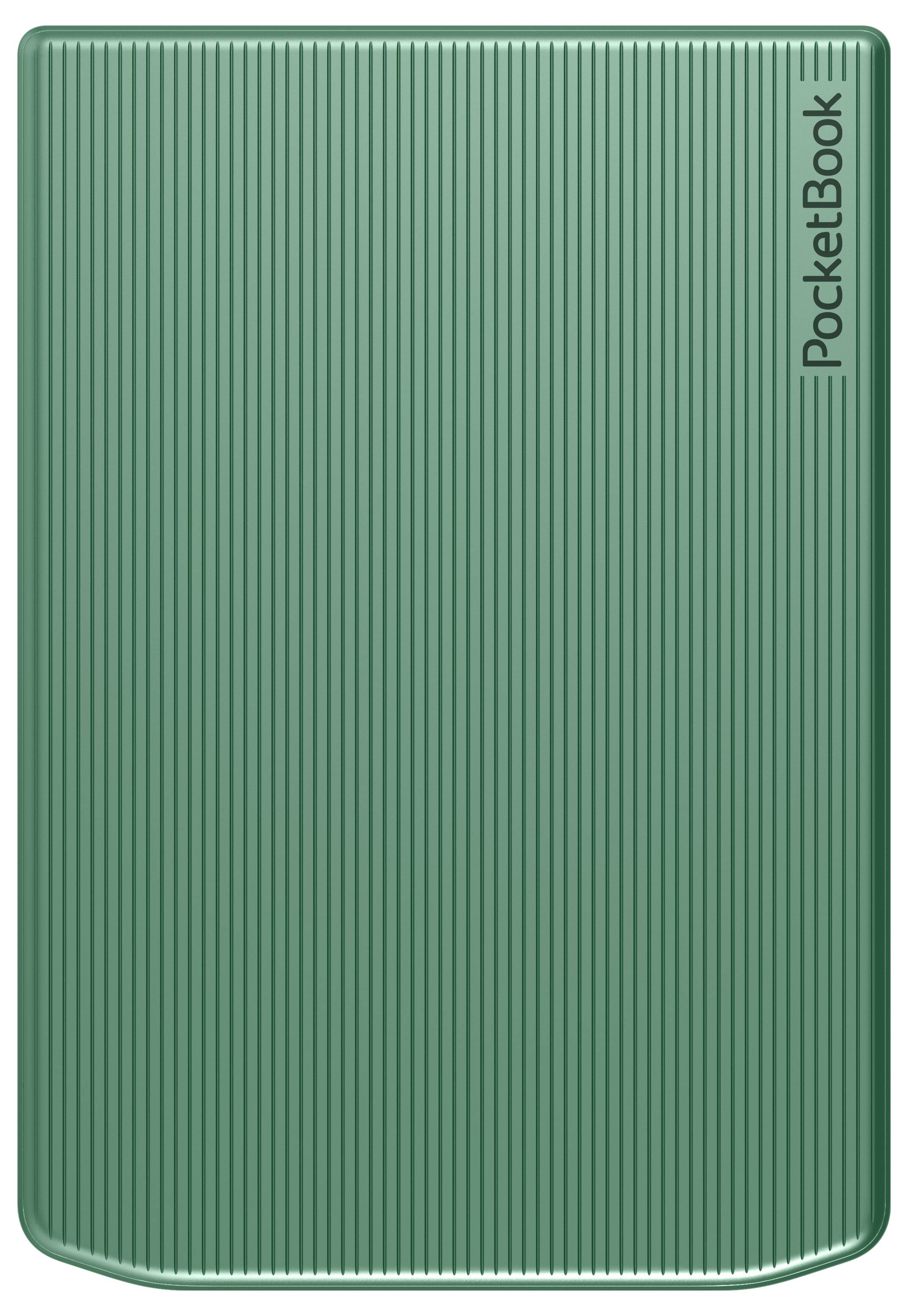 Zelený e-reader PocketBook s vertikálne vrúbkovaným obalom, zobrazený zatvorený spredu.