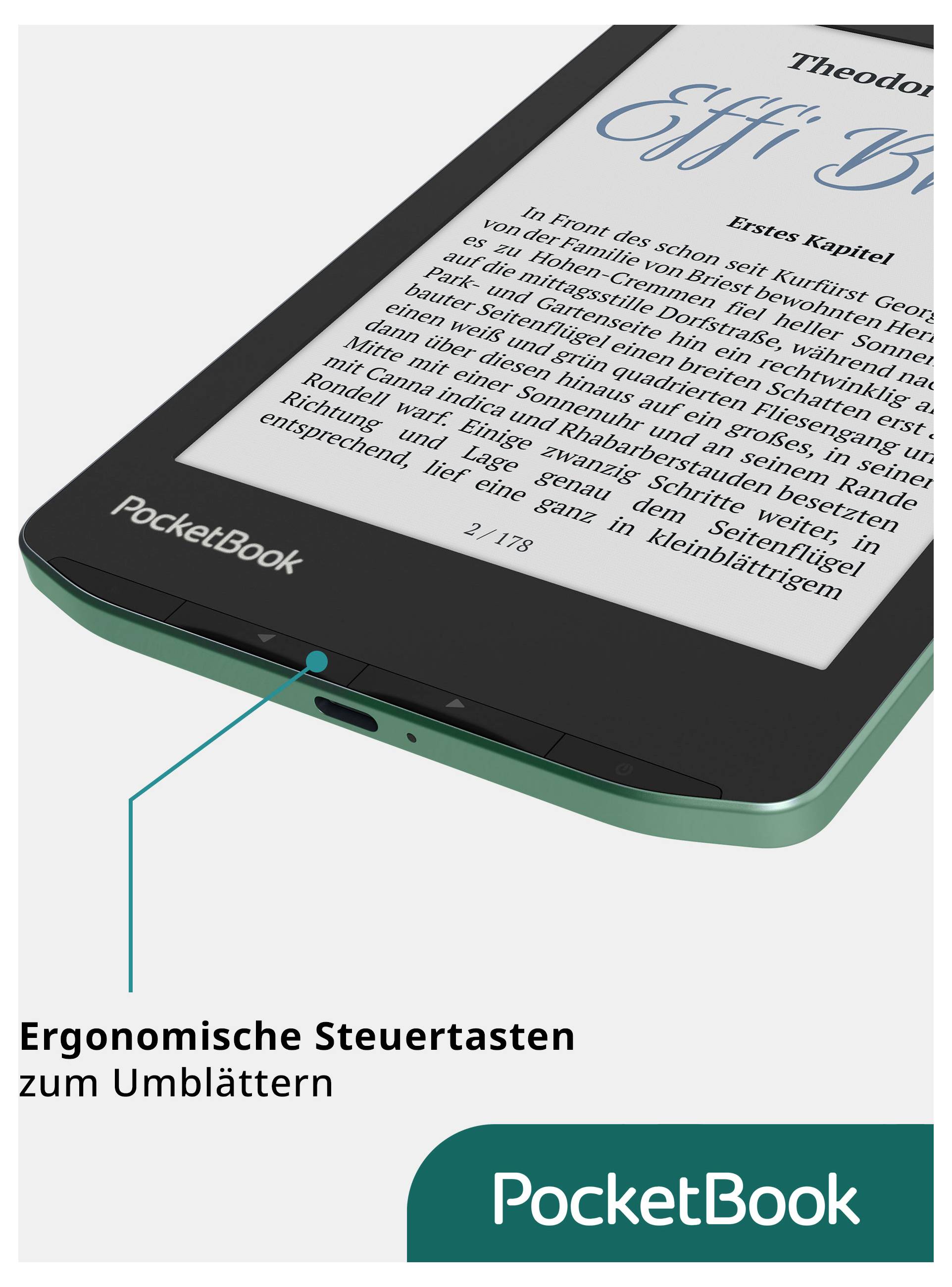 PocketBook elektróny čítač zobrazený so šípkou poukazujúcou na ergonomické tlačidlá na prevracanie strán; nemecký text hovorí "Ergonomické tlačidlá na ovládanie prevracovania strán".