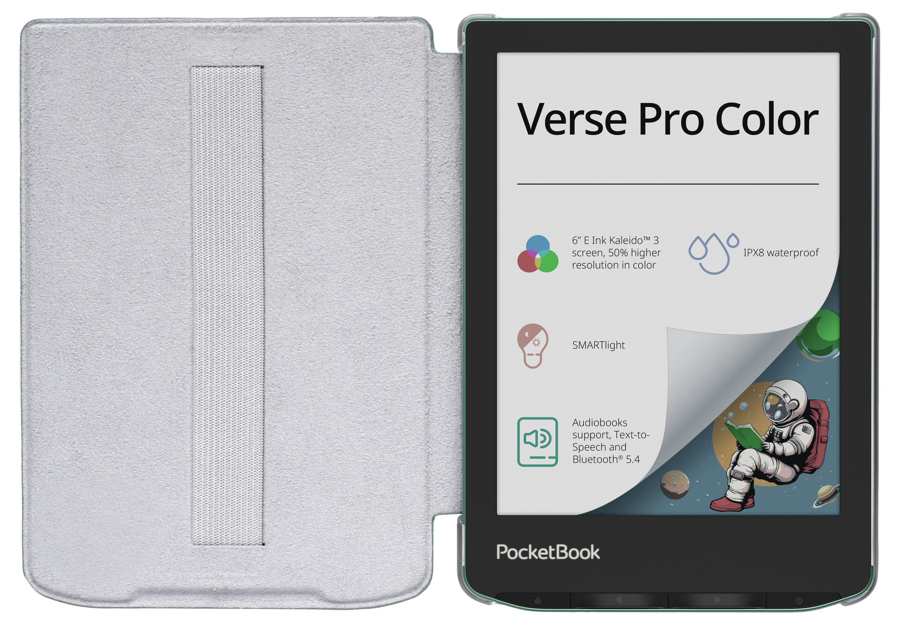 PocketBook Verse Pro Color e-čítačka zobrazená spredu a zozadu, s sivým ochranným obalom a displejom zdôrazňujúcim farebný displej, vodotesnosť a funkcie SMARTlight.