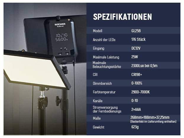 Fotografia produktu LED svetelného panela NEEWER s nemeckými špecifikáciami: model GL25B, 176 LED diód, 25W, 2300 luxov na 0,5m, CRI98+, 2900-7000K, stlmenie 0-100%, diaľkové ovládanie, rozmer 268x188x37,25mm, 623g.