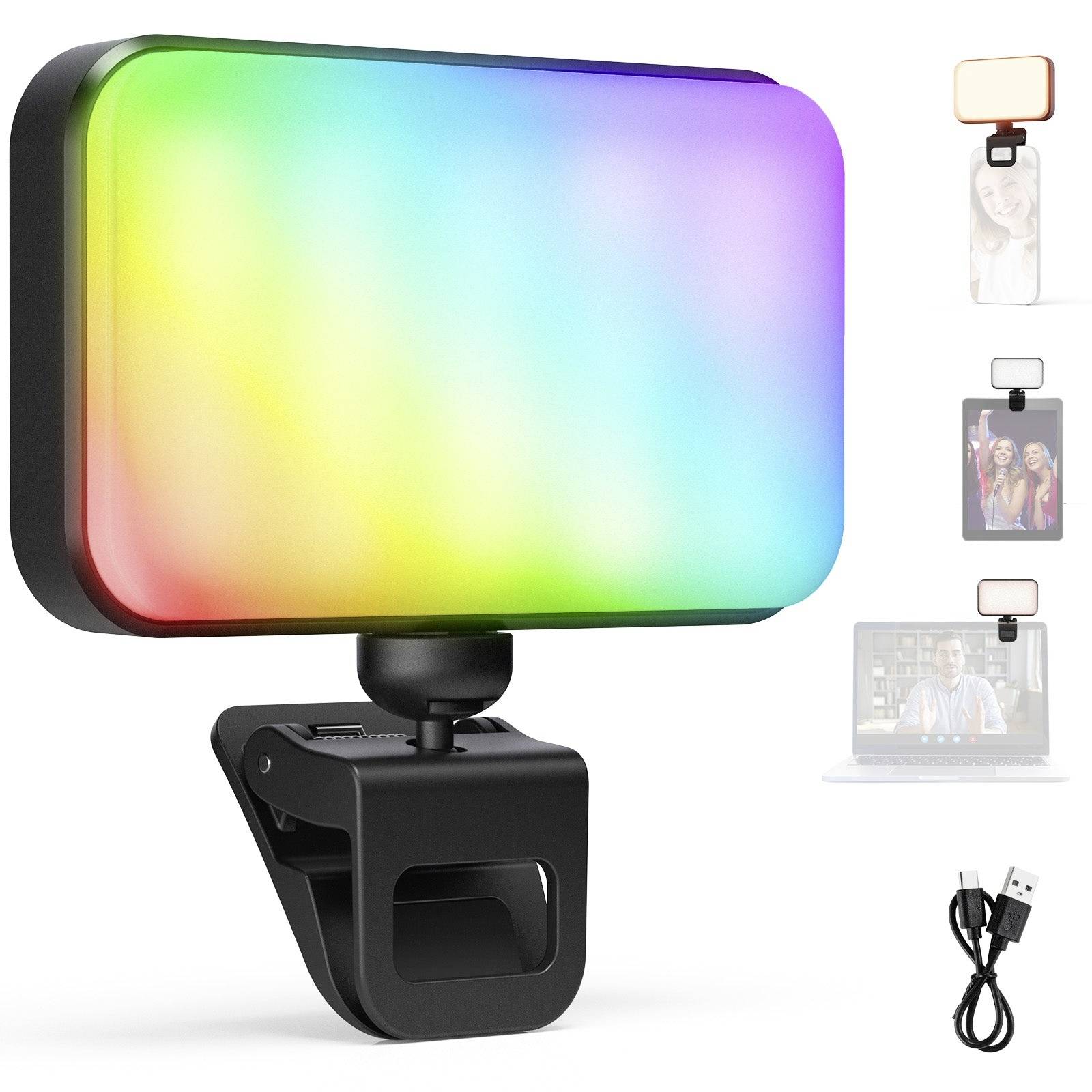 RGB LED svetlo s klipom pre webkameru alebo notebook, s ukážkovými obrázkami zobrazujúcimi montáž na zariadeniach; vrátane USB nabíjacieho kábla.