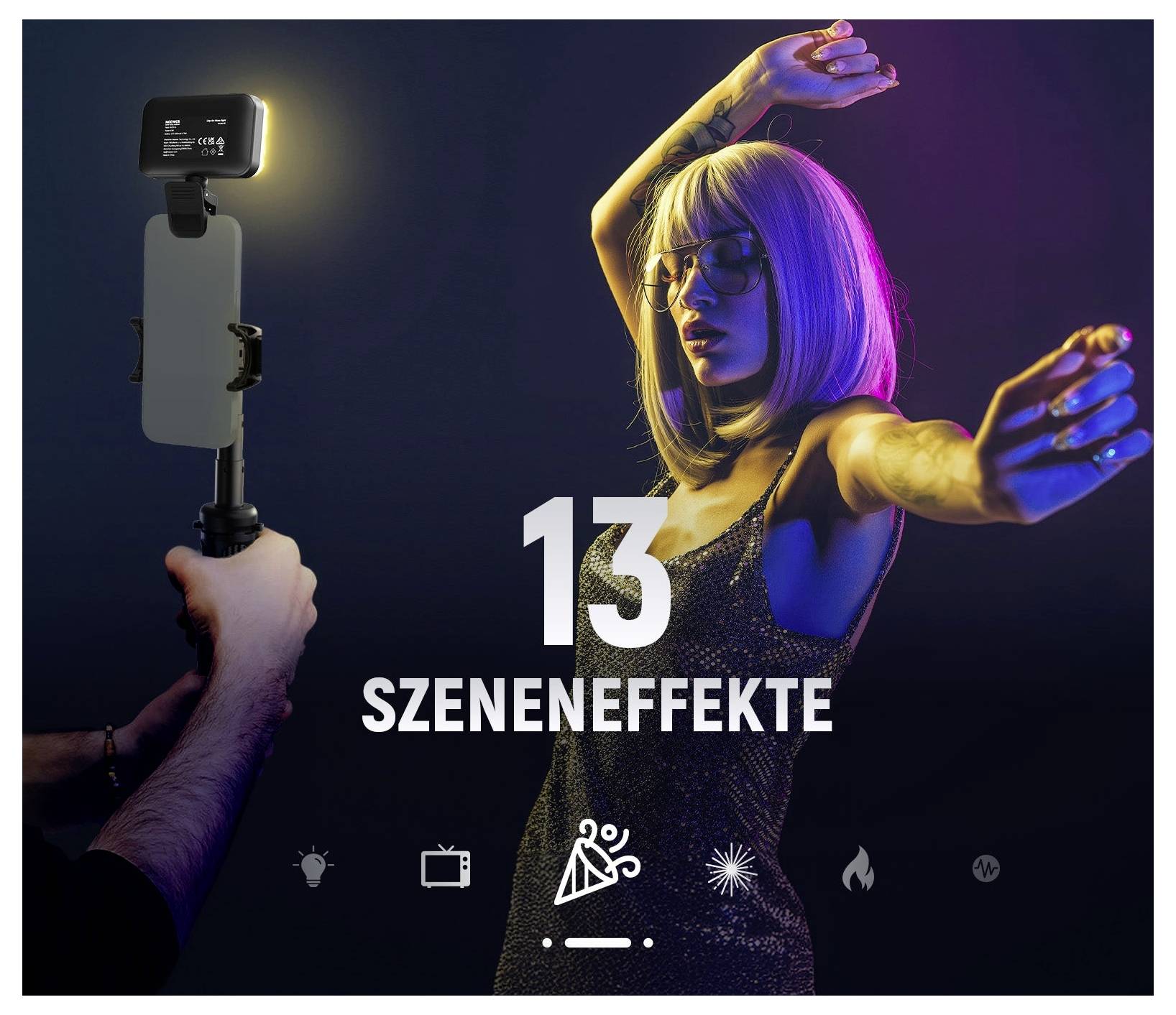 Osoba snímateľná s ručným kamerovým zariadením, prekrytá textom „13 SZENENEFFEKTE"; štúdiové osvetlenie a ikony efektov naznačujú funkciu video efektov.