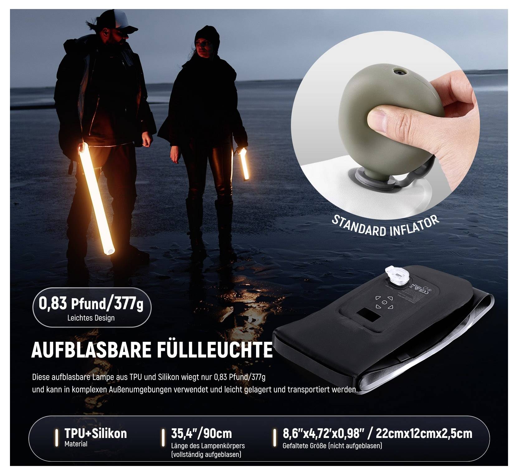 Reklamný plagát na nafukovacie vyplňovacie svetlo: dvaja ľudia držia svietiace trubice v tmavej vonkajšej scéne; vložená časť zobrazuje štandardný nafukovací čerpadlo a špecifikácie produktu v nemčine.