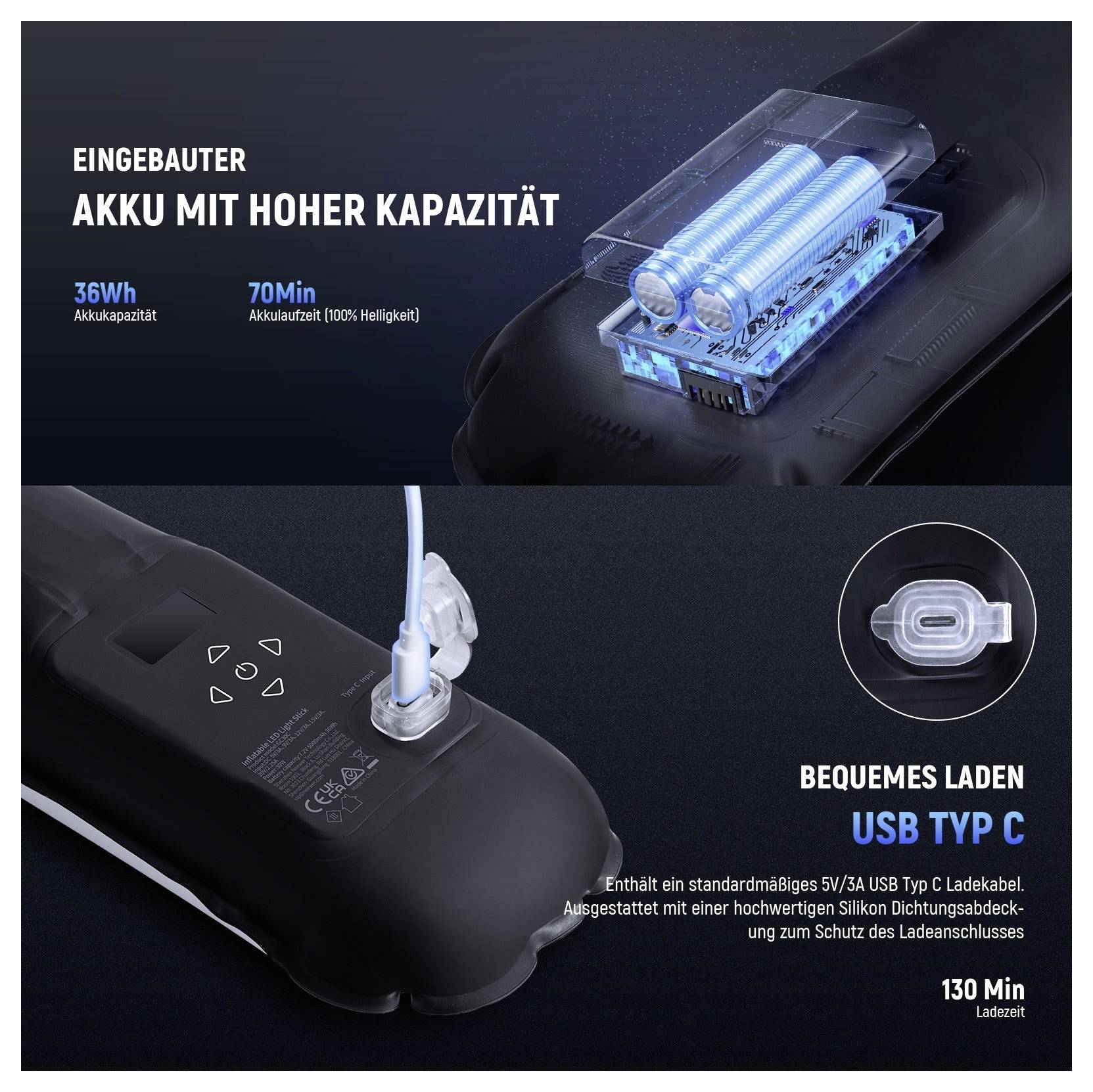 Propagačný obrázok ručného zariadenia s vstavanými funkciami vysokokapacitnej batérie, kapacity 36Wh, časom prevádzky 70 minút, nabíjaním cez USB Type-C a dobou nabíjania 130 minút.