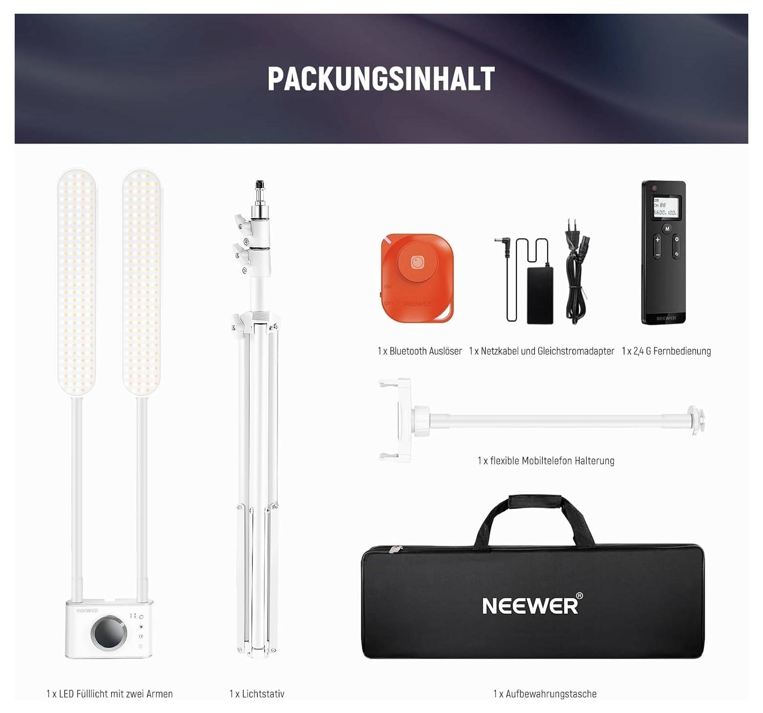 Diagram obsahu balenia s názvom "OBSAH BALENIA" zobrazujúci LED výplňové svetlo s dvoma ramennami, statív na svetlo, Bluetooth spúšť, adaptér napájania, diaľkové ovládanie, flexibilný držiak na telefón a prepravnú tašku.
