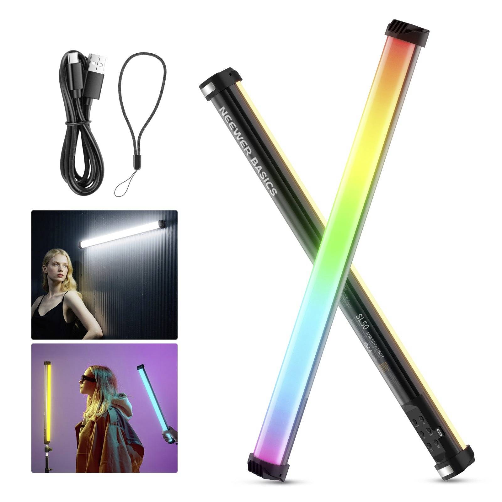 RGB LED svetelné tyče s USB kábľom a náramkom na zápästí, zobrazené s portrétnym fotografiami demonštrujúcimi efekty bieleho a farebného štúdiového osvetlenia.