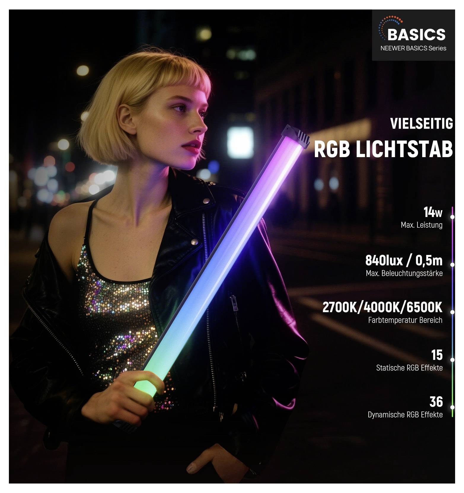 Žena držiaca žiarivú RGB svetelnú tyč; text v reklame hovorí „UNIVERZÁLNY RGB SVETELNÝ KÁBEL" s 14W, 840lux/0,5m, 2700K/4000K/6500K, 15 statických a 36 dynamických RGB efektov.