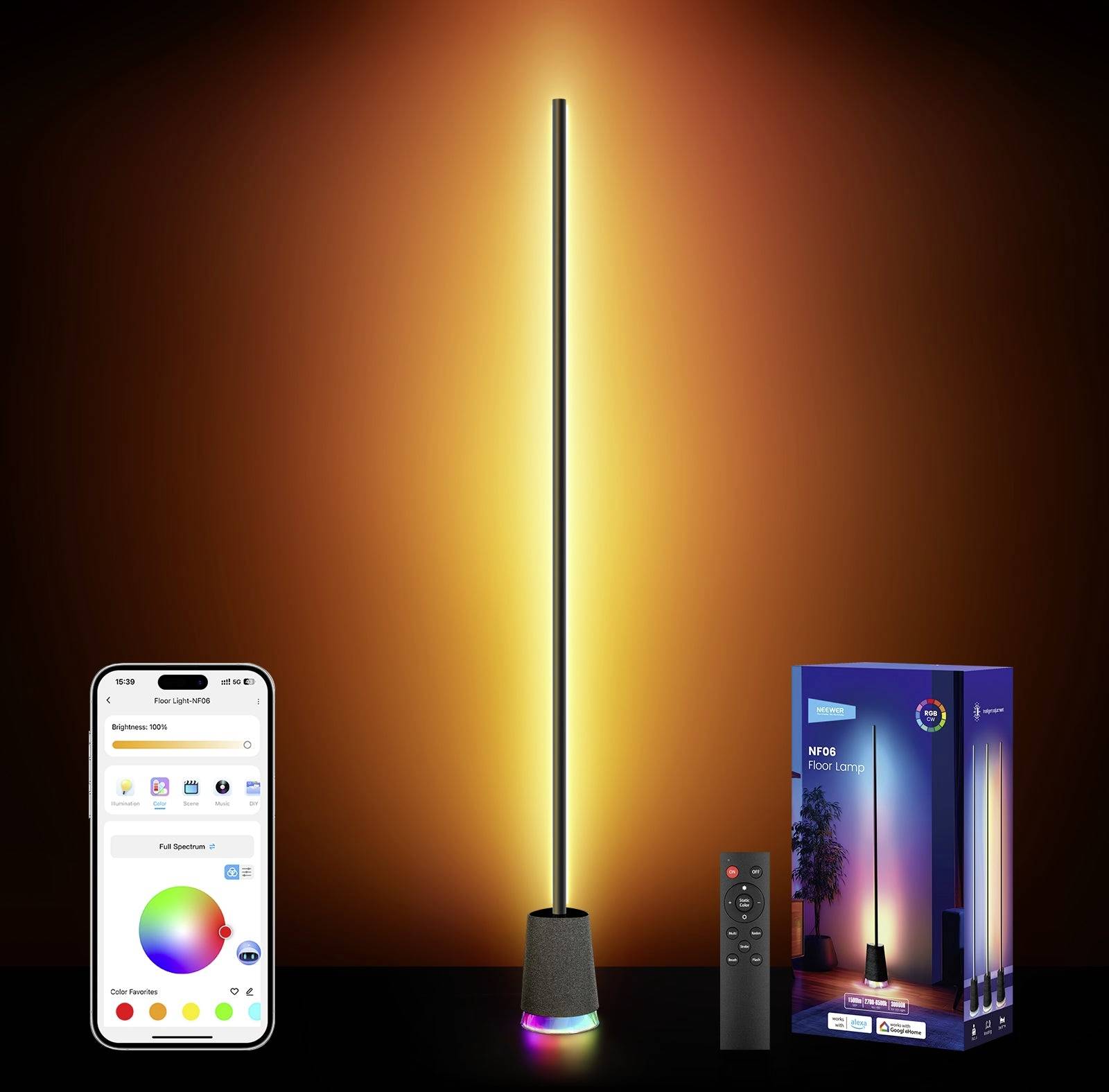 Vysoká čierna stojaca lampa so ziarivým teplým svetlom, ovládanie aplikácie zobrazenej v telefóne, vrátená diaľková ovládač a balenie produktu vedľa nej.