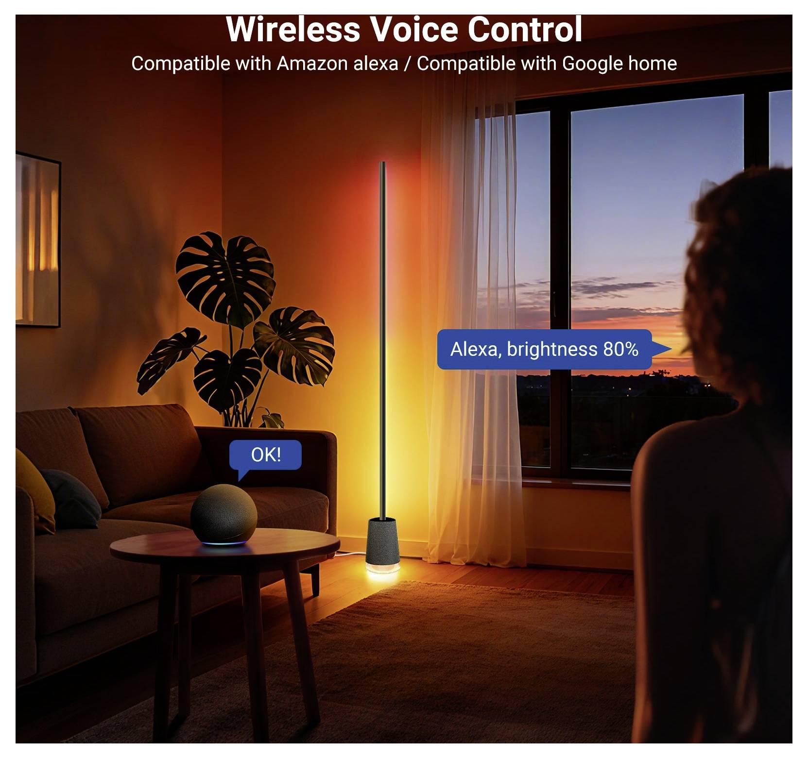 Inteligentná stojaca lampa v obývačke reagujúca na hlasové príkazy, s textom „Bezdrôtové hlasové ovládanie" a kompatibilita s Amazon Alexa a Google Home.
