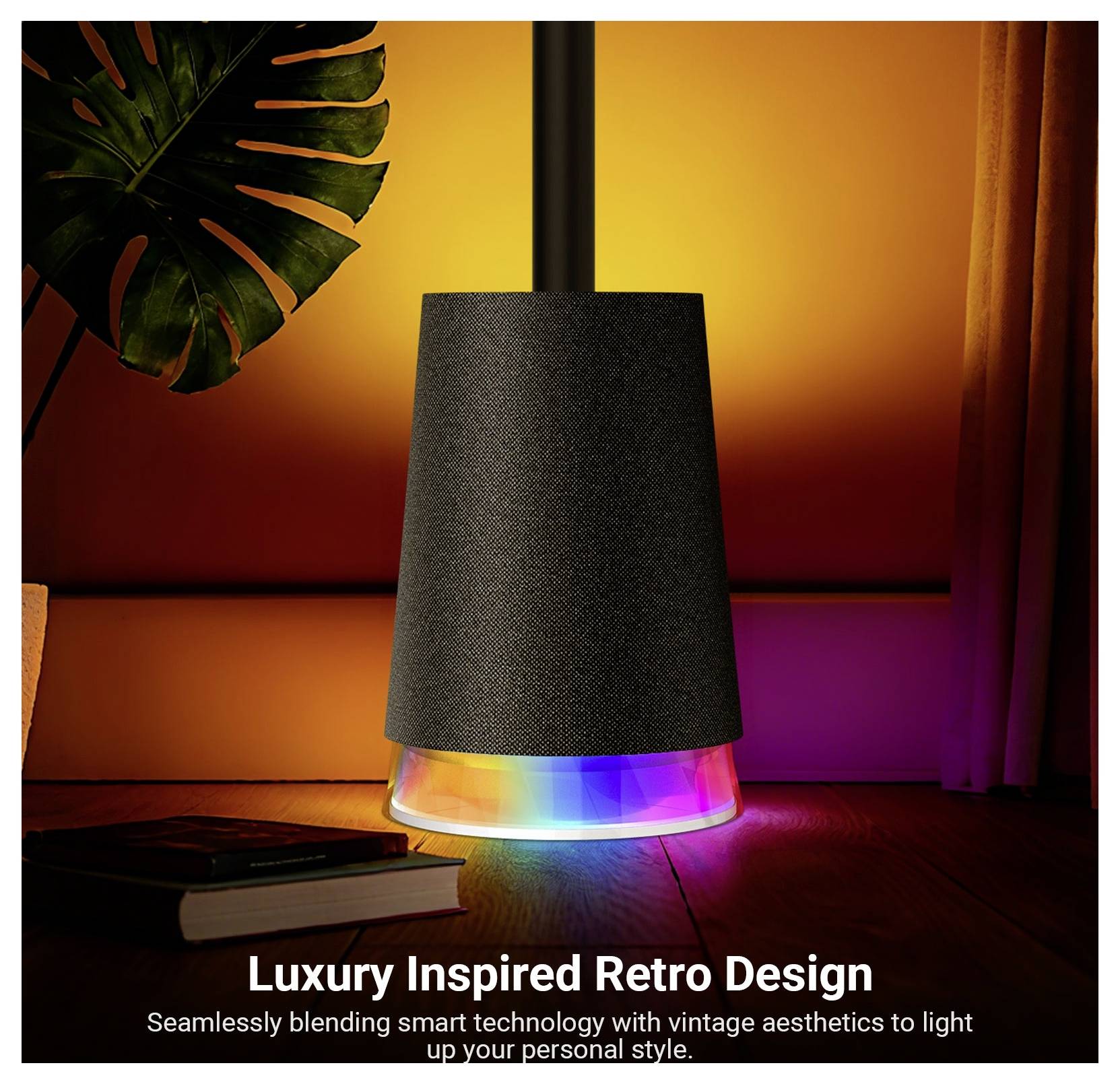 Moderná stolná lampa s čiernym tienidlom a dúhovým žiarom, propagujúca "Luxusný inšpirovaný retro dizajn" a inteligentné vintage-štýlové osvetlenie.