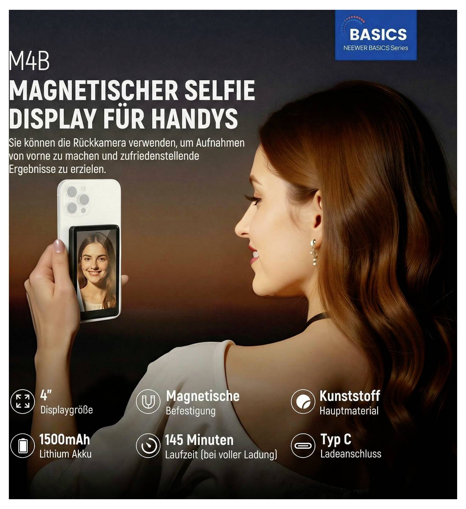 Propagačný obrázok magnetického selfie displeja pre telefóny, zobrazený pripevnený na telefóne vedľa ženy, ktorá si robí selfie; text zdôrazňuje 4-palcový displej, batériu 1500mAh, čas chodu 145 minút, plastový materiál a nabíjanie cez USB Type C.