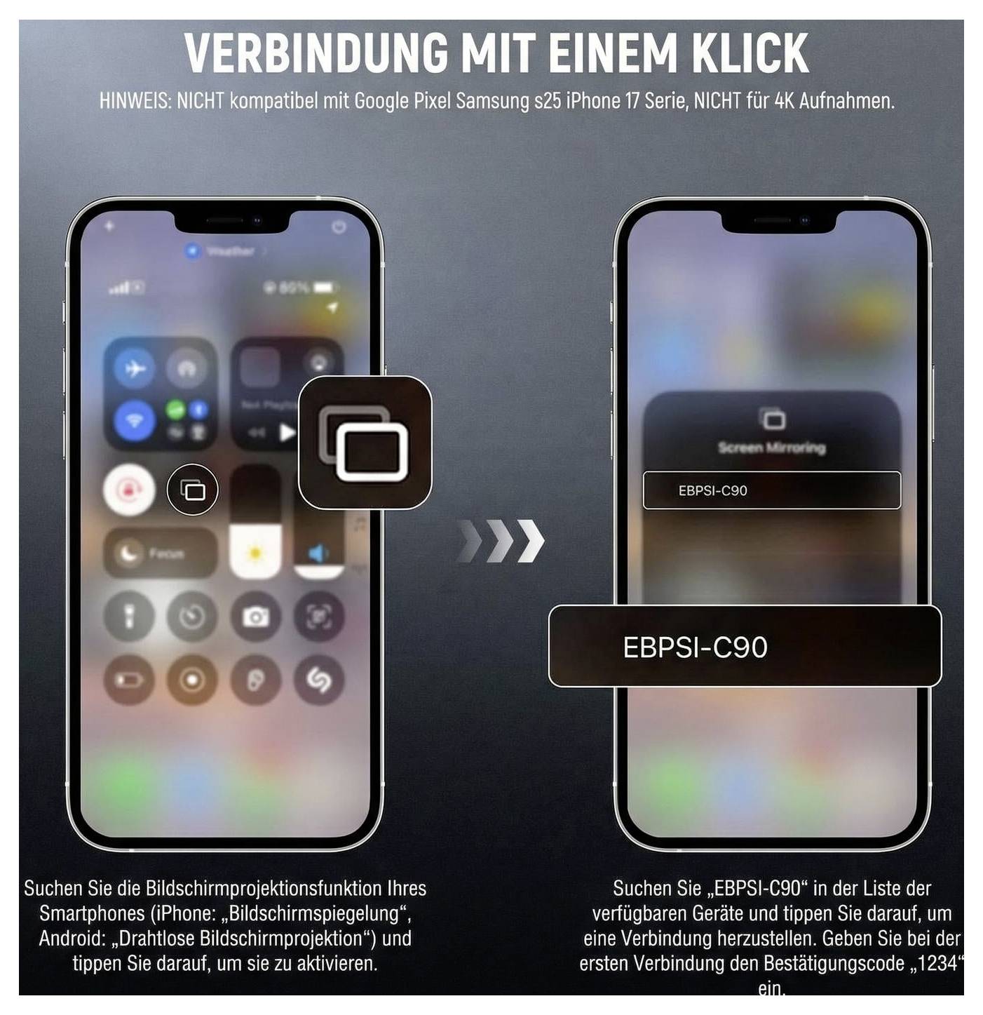 Reklama zobrazujúca iPhone bezdrôtovo premietaný na TV adaptér označený "EBPSI-C90"; nemecký text propaguje pripojenie jedným kliknutím a uvádza, že niektoré zariadenia sú nekompatibilné.