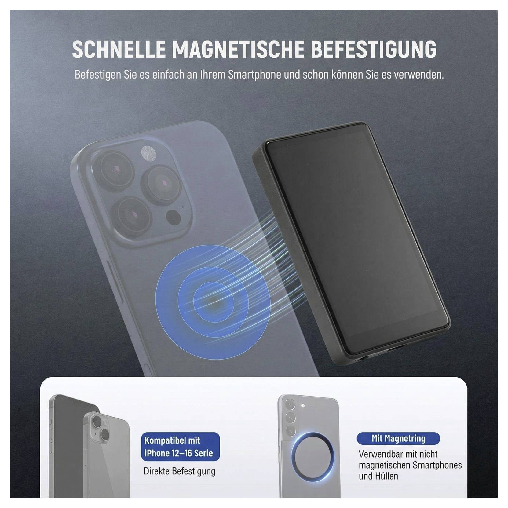 Rýchle magnetické upevnenie na telefónny doplnok, ktorý sa magneticky pripája ku smartfónu a je kompatibilný so sériou iPhone 12–16 s magnetickým krúžkom.
